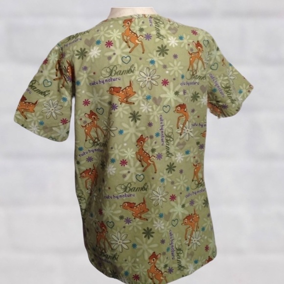 ♦️ Disney Small Bright Green Bambi V Neck Short Sleeve Scrub Top - Picture 5 of 6